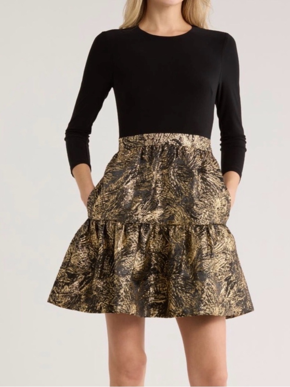 Eliza J Black and Gold Metallic Mixed Media Dress